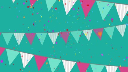 Poster - Colorful confetti and triangular flags animation over teal background