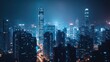 © Pannin - A night-time cityscape with illuminated high-rises and bustling streets below, emphasizing the vibrant energy of big city life. Ample copy space for text or promotional content.