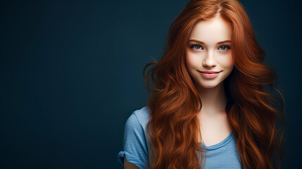 Portrait of a smiling cheerful teenage girl with long red hair and perfect skin, dark blue background, banner.