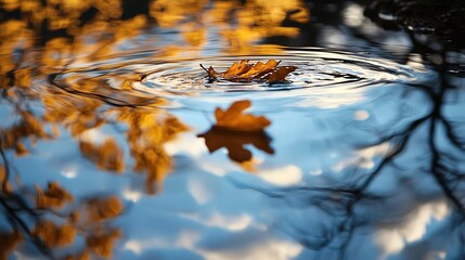 Canvas Print - Autumn leaf floating in calm water, creating ripples. Reflections of trees and sky enhance the serene ambiance of nature.