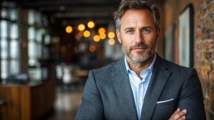 Wall Mural - A confident man in a stylish blazer stands with crossed arms in a modern urban space during the evening