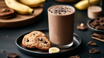 Poster - A glass of creamy chocolate smoothie topped with chocolate shavings, accompanied by chocolate chip cookies and banana slices on a black tray.