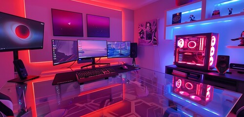 Elegant gaming room with ruby red RGB lights, sleek glass desk, neon keyboard