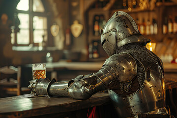 Wall Mural - A fantastic royal knight in armor drinks beer at a local bar