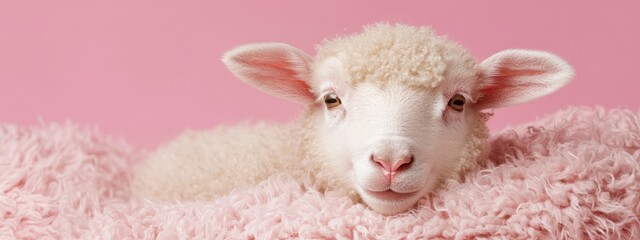  A tight shot of a sheep's face against a soft pink backdrop, with a fluffy pink blanket in the foreground