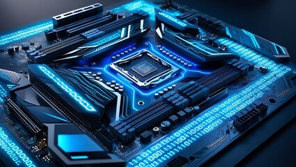 Blue binary coded neon colored motherboard with cpu .close up of a vibrant circuit board with blue neon lights, depicting advanced electronics and information technology.Computer processing unit 