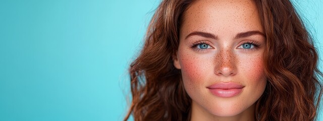 Wall Mural -  A close-up of a woman with freckles scattered across her face against a blue background