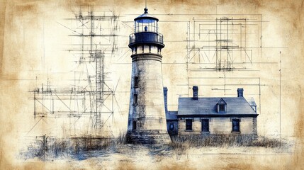 Poster - Lighthouse Blueprint with Old Paper Texture