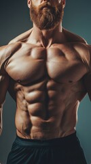 Poster - Close-up of a muscular man's torso, showcasing defined abs, pecs, and a full, red beard.