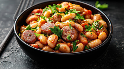 A close-up of a bowl of cassoulet, featuring white beans, sliced sausage, and fresh parsley, served on a dark surface with a fork to the side.