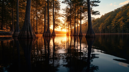 Poster - Scenic view of a forest with tall trees emerging from calm water during sunset, creating beautiful reflections on the water's surface in a tranquil natural setting.