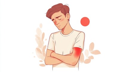 A young man with a red rash on his arm, looking sad and unwell.