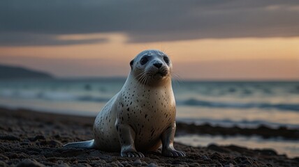 Wall Mural - a seal is sitting on a beach and the sun is setting.