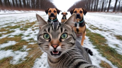 Wall Mural - Selfie photo of a scared cat being attacked by three big dogs