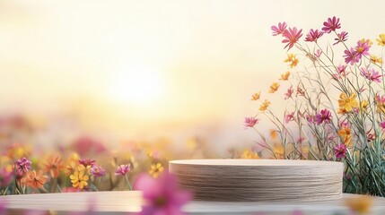 Canvas Print - Wooden Podium in a Field of Flowers.