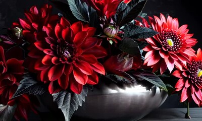 Wall Mural - Dramatic arrangement of deep red dahlias and black foliage in a metallic vase, Video