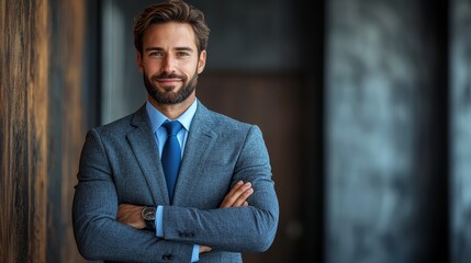 Wall Mural - Confident businessman in a stylish suit stands with arms crossed in a modern office interior during the day