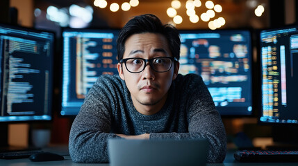 a software developer with glasses is working late at night, fronted by multiple monitors displaying 