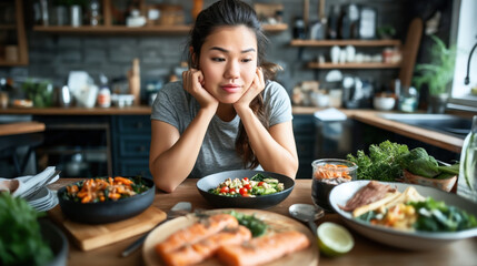 Sticker - A woman is looking thoughtfully at a variety of healthy foods on a kitchen table. The foods include vegetables, fish, and salads, with a kitchen backdrop.