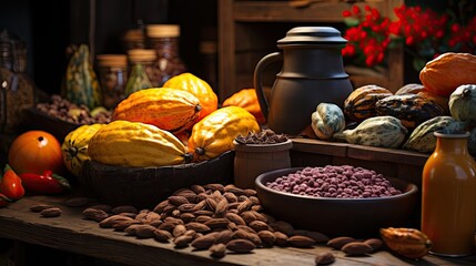 Poster - Fresh cocoa pods and dried cocoa beans displayed on a rustic wooden table at a chocolate farm 