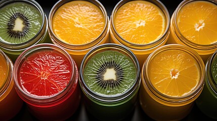 Wall Mural - fresh colorful fruit juices in a row from above  