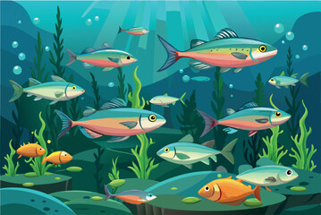 Wall Mural - Colorful tropical fish swimming in ocean reef