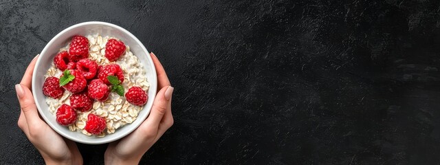 Wall Mural -  Person holds a bowl with oatmeal, topped with raspberries and mint leaves