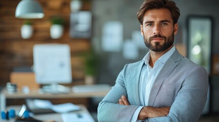 Wall Mural - Confident young professional in a stylish office setting engaged in thoughtful reflection during a business meeting