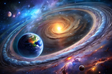 Wall Mural - A Cosmic Tapestry: A Planet and a Spiral Galaxy
