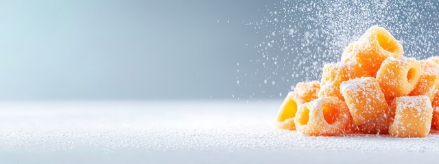 Poster -  A mound of powdered sugar rests atop an array of oranges against a pristine white backdrop