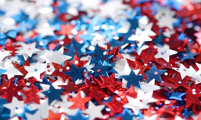 Background of red, white, and blue sparkling glitter scattered with shiny stars confetti. 4th of July celebration background. 