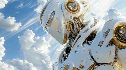 Poster - White and Gold Robotic Figure Against a Cloudy Sky