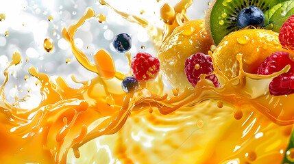 Peach and Mango Mix Fruit Splash Into Milk Juice Yogurt, Sour Cream with Fresh Berries Elements for Healthy Breakfast Design. Packaging, Ads, Social Media, Product Labels, Banners, Websites