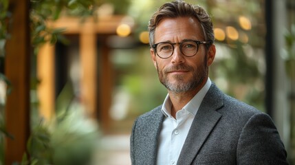 Confident business professional with glasses outdoors, dressed in a suit during bright daylight at a stylish location