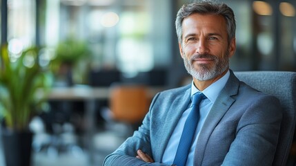 Wall Mural - Professional businessman with a beard wearing a suit, confidently seated in a modern office environment during daylight hours