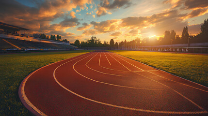 Pristine Running Track in stadium on the evening with sunset