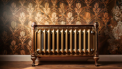 An old-fashioned cast iron radiator with a decorative design, set against a vintage wallpaper in a classic home. 