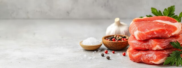 Sticker -  A stack of uncooked meat rests atop a table, neighboring a bowl of herbs and spices, and a pepper shaker