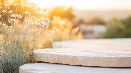 Poster - Stone Platform with Flowers and Blurred Background.