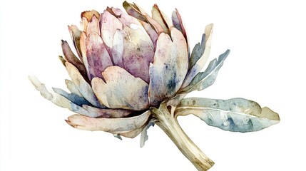 Delicate Watercolor Artichoke Flower Illustration: A Serene Botanical Beauty