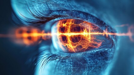 Sticker - A close-up of a human eye with a fiery center, with a horizontal beam of light emanating from the eye.