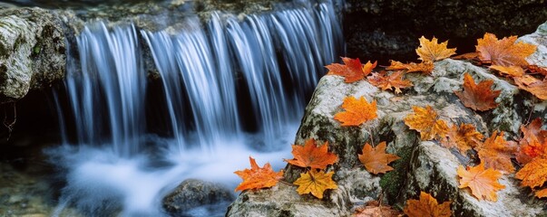 Wall Mural - Blissful Heights Fall: Serene Waterfall Cascading Amid Vibrant Autumn Leaves