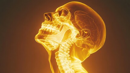 Sticker - A glowing, transparent image of the human skull and neck, with a dark background.