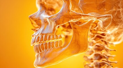 Wall Mural - A close-up of a human skull, with a focus on the teeth and jaw, rendered in a warm, golden color against a soft orange background.