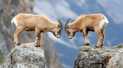 Canvas Print - Two goats are standing on top of a rock looking at each other, AI