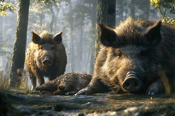 Wild boars in a forest setting, with one lying down and the other standing.