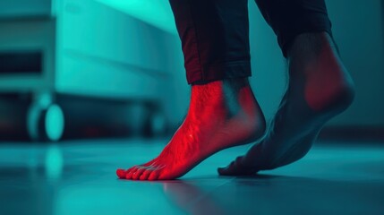 Close-up of bare feet walking on a floor with neon blue and red lighting.