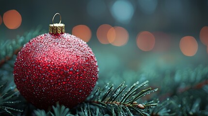 A glistening red ornament resting on evergreen branches surrounded by soft, glowing holiday lights in a cozy setting