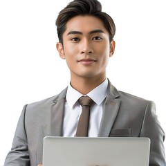 Canvas Print - close up young manager asian businessman hold laptop 