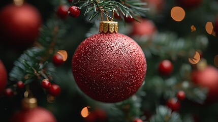 A close-up of a shiny red ornament hanging from a Christmas tree surrounded by glowing lights and festive decorations during the holiday season